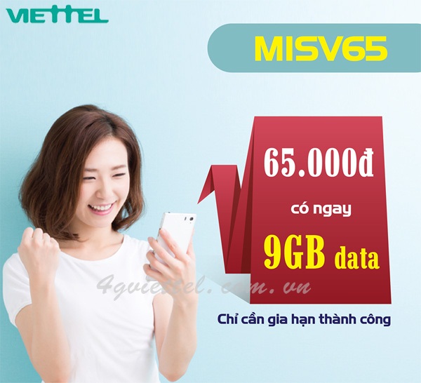 Tặng 100% lưu lượng data khi gia hạn gói MISV65 Viettel