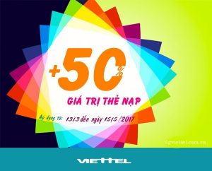 Viettel tặng 50% thẻ nạp khi đăng ký các gói khuyến mãi nội mạng