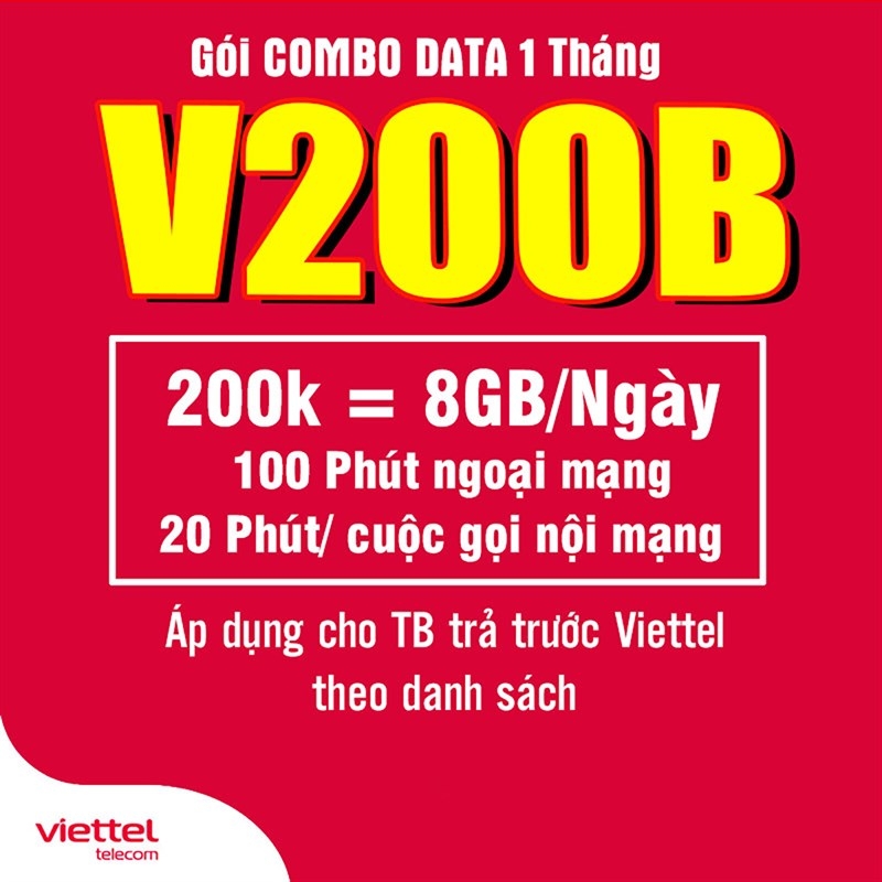 Đăng ký gói V200B Viettel lướt web thả ga với 8GB/ ngày