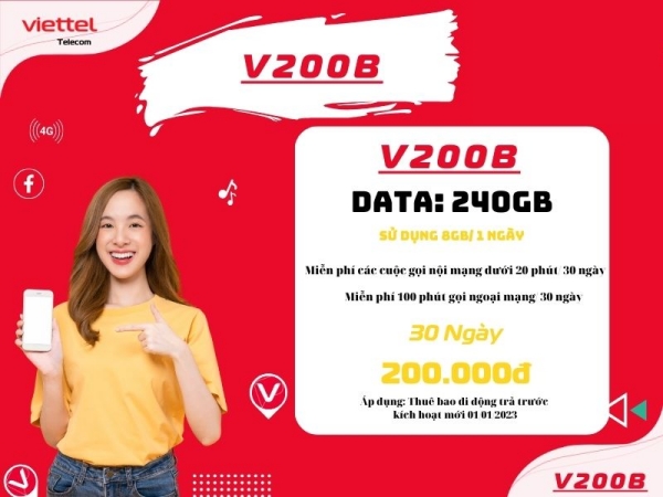 Đăng ký gói V200B Viettel lướt web thả ga với 8GB/ ngày